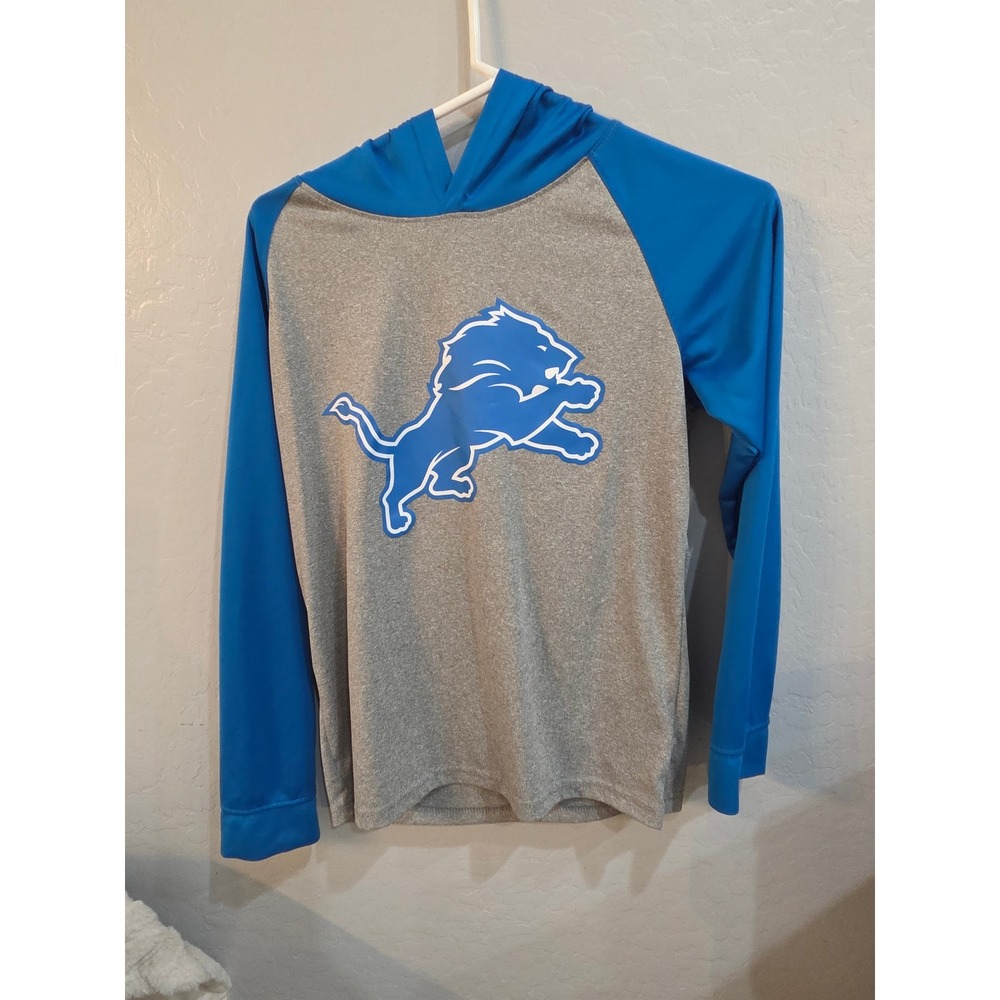 NFL Team Apparel Detroit Lions Boys Hoodie Blue Gray Raglan Size L 12/14